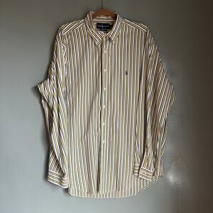 RALPH LAUREN Men's 17/XL Yellow & Blue Striped Button Up Collar Shirt Preppy